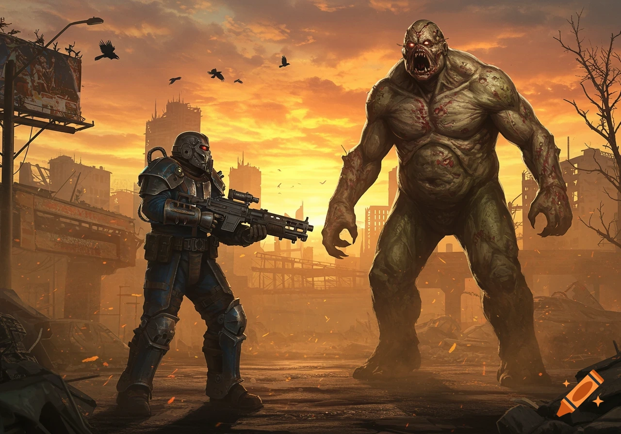 A heavily armored fighter with a rifle confronts a huge, green super mutant in a desolate, ruined city at sunset. Post-apocalyptic art.