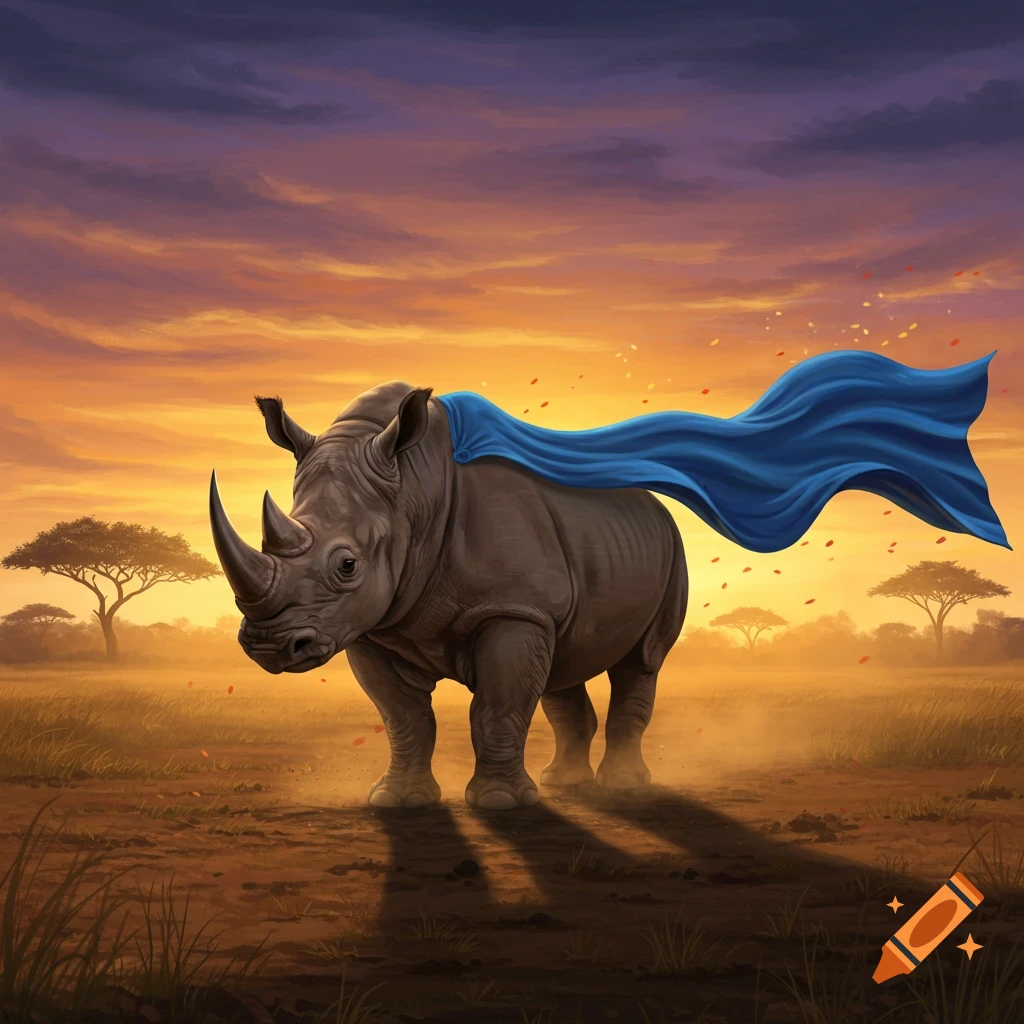 A powerful rhinoceros wearing a flowing blue superhero cape stands in a golden savanna at sunset.