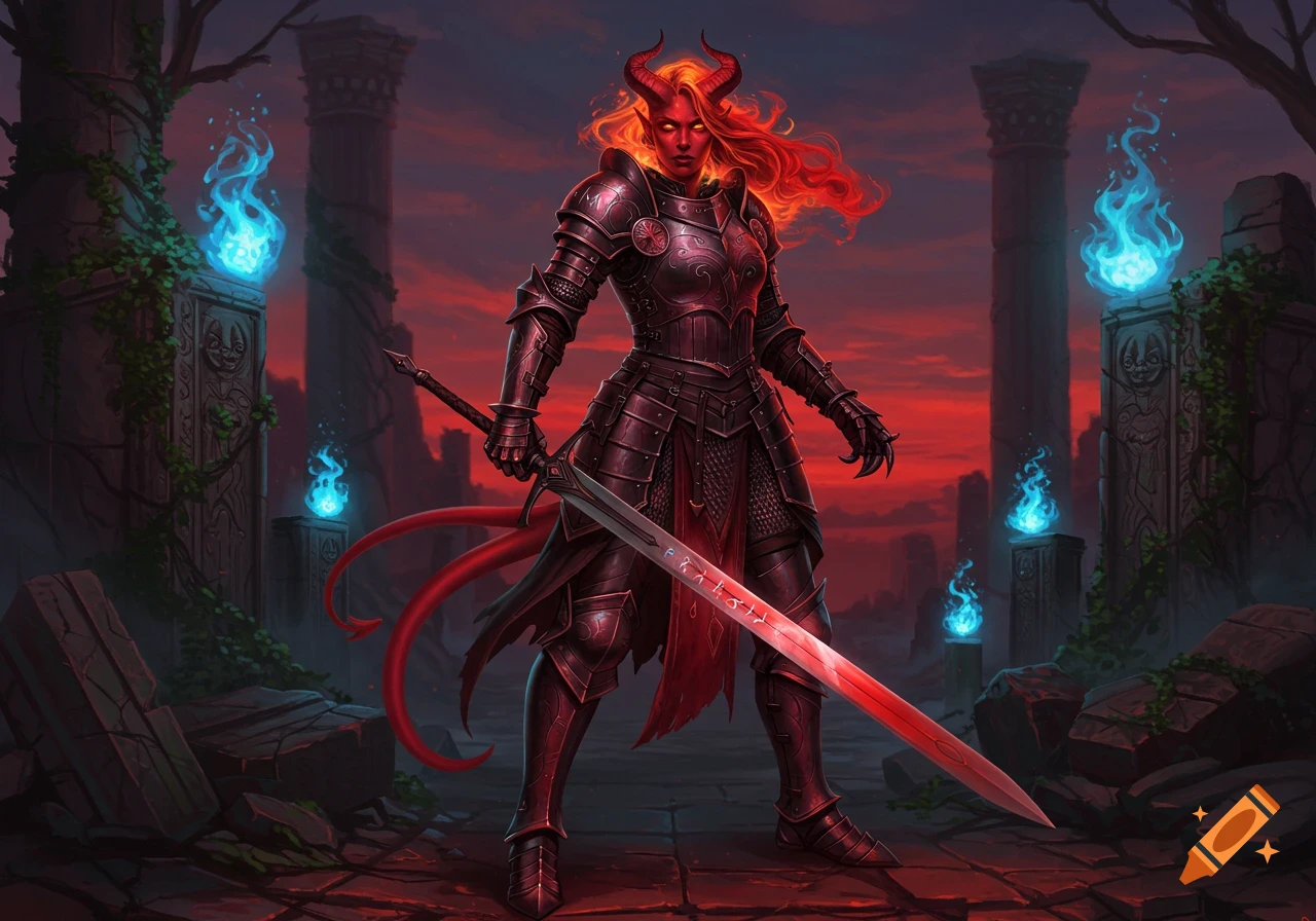 A female Tiefling knight in dark plate armor stands holding a glowing longsword in a ruined, dark fantasy setting with blue flames.