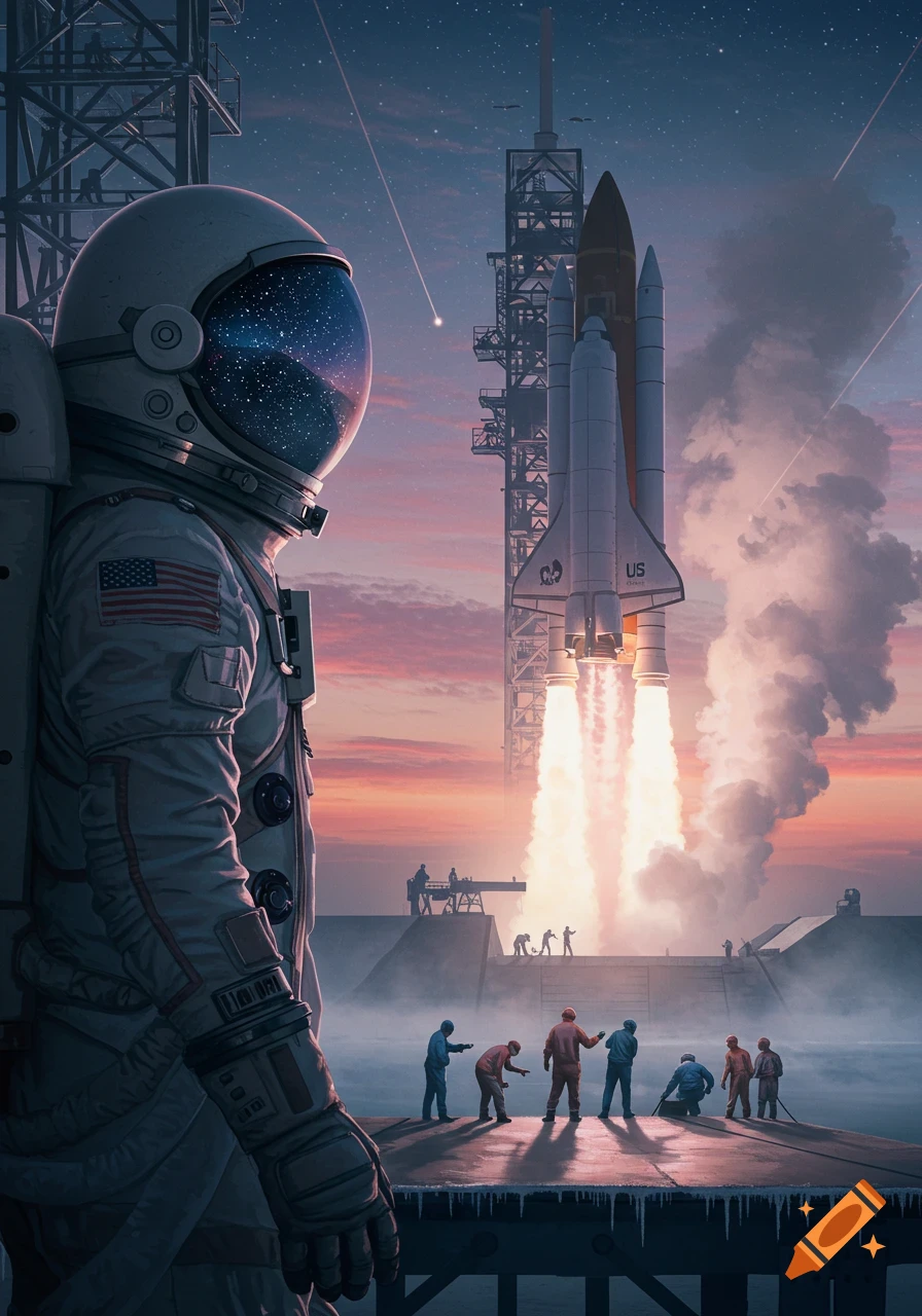 An astronaut in a spacesuit observes a space shuttle launching at sunset, with stars visible in the night sky.