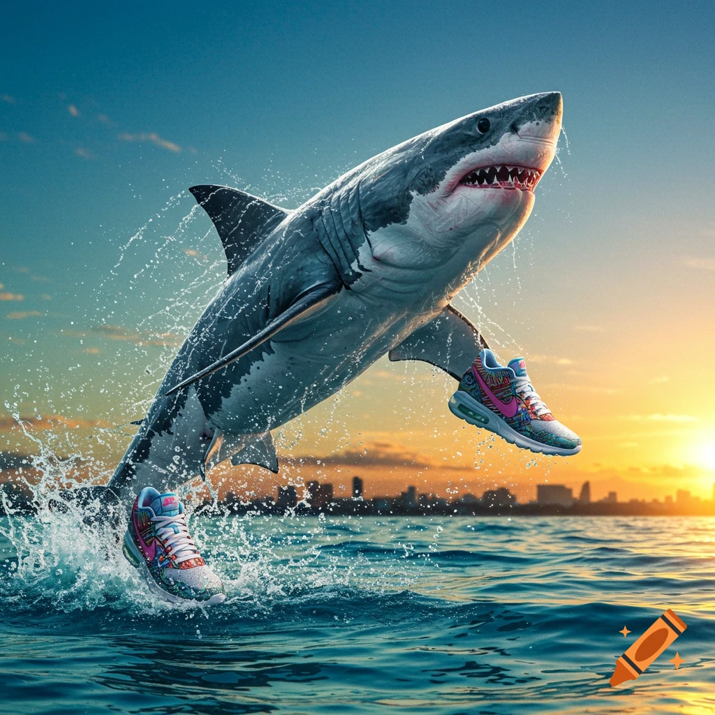 A photorealistic shark wearing colorful Nike sneakers leaps out of the ocean, splashing water against a sunset backdrop.