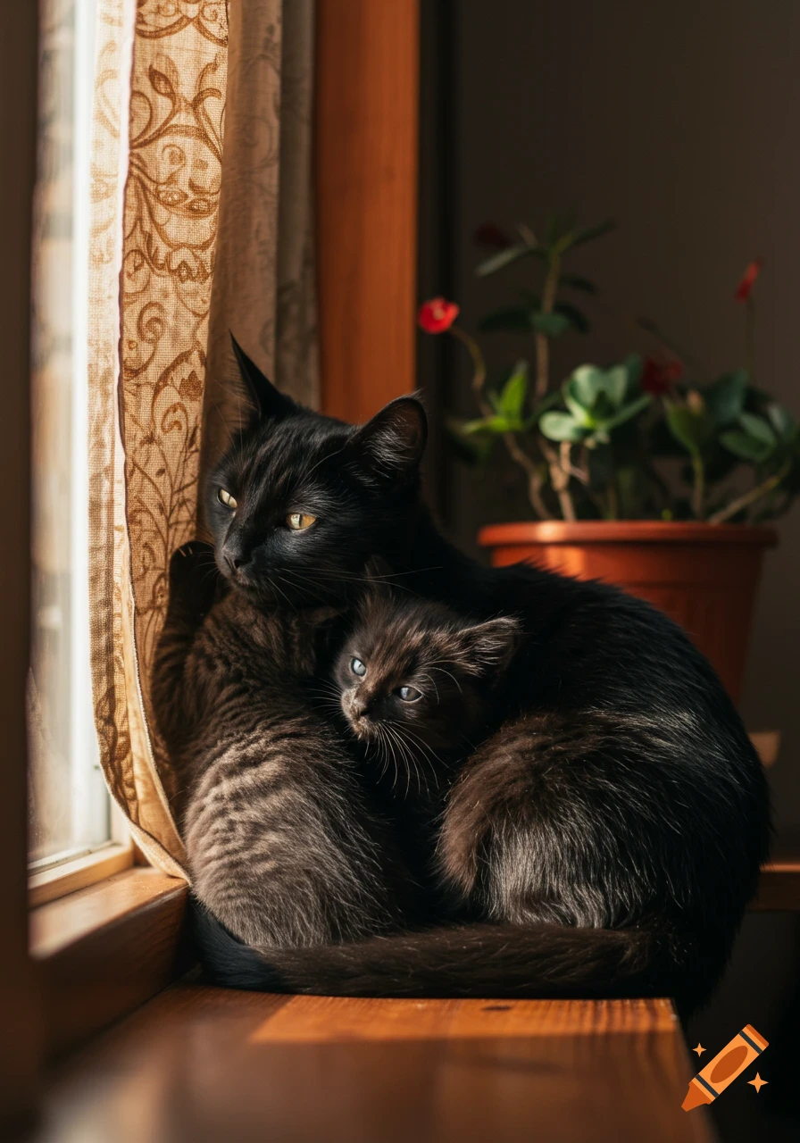 A black mother cat and her kitten cuddle by a sunlit window, with a potted plant in the background.