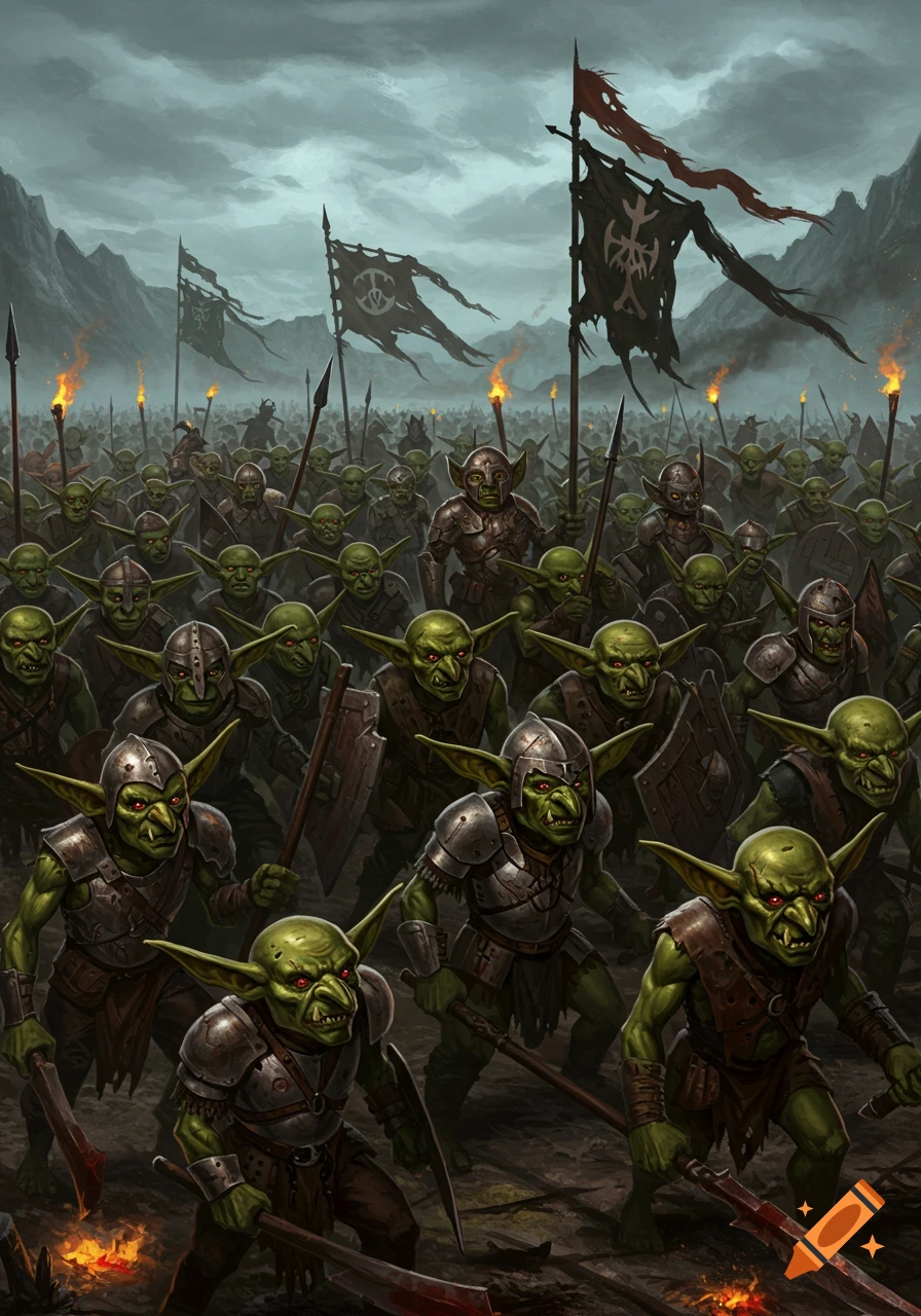 A large army of green-skinned goblins with armor, shields, and weapons marches through a mountainous landscape under a dark sky.