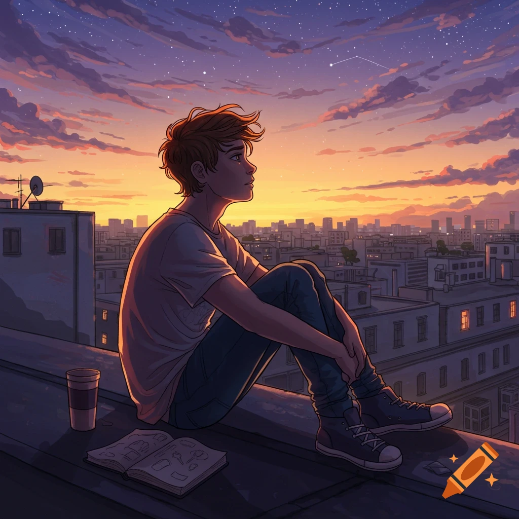 Anime illustration of a young person sitting on a rooftop, gazing at the starry, cloud-streaked sunset sky over a city.