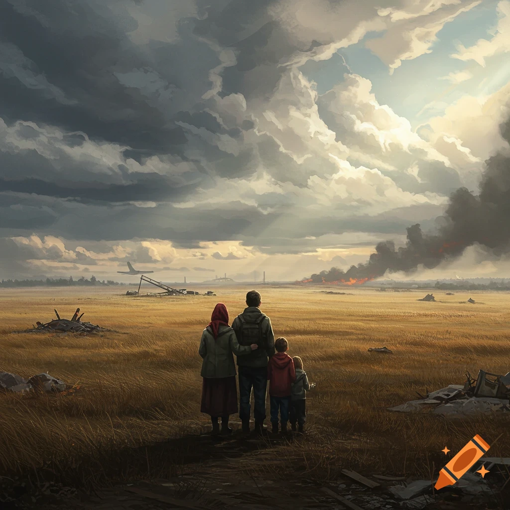 A family watches a war-torn landscape with a downed plane and fires in the distance under a dramatic, cloudy sky.