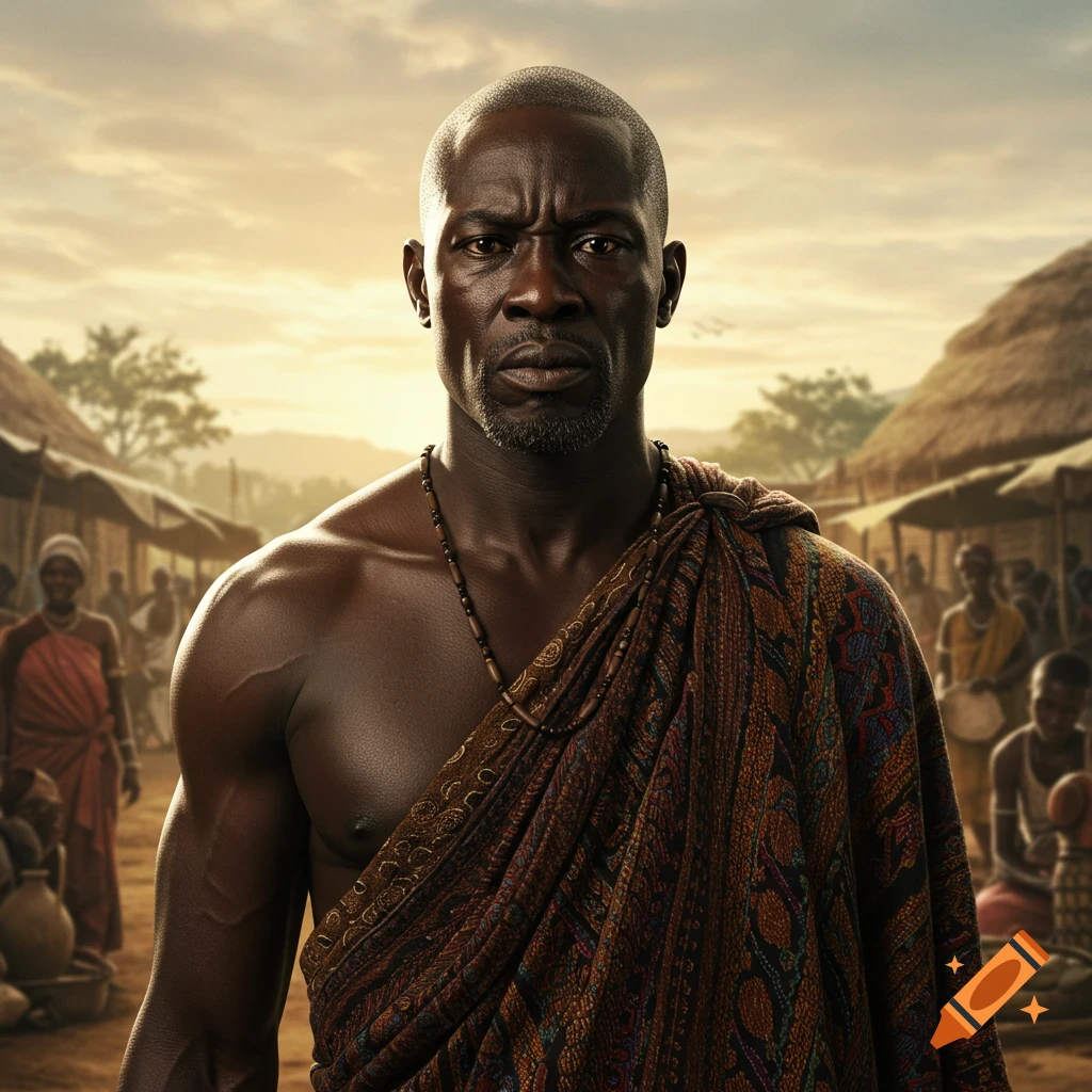 Photorealistic portrait of a bald, muscular African man in a patterned toga-like garment, standing in a village marketplace at sunset.