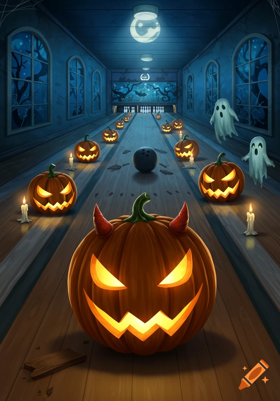 A Halloween-themed bowling alley at night with a large devil-horned jack-o'-lantern, bowling pins, a ball, candles, and ghosts.