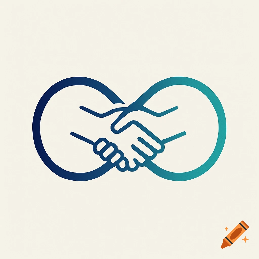 A logo of two stylized hands shaking, forming an infinity symbol, with a blue and teal gradient.