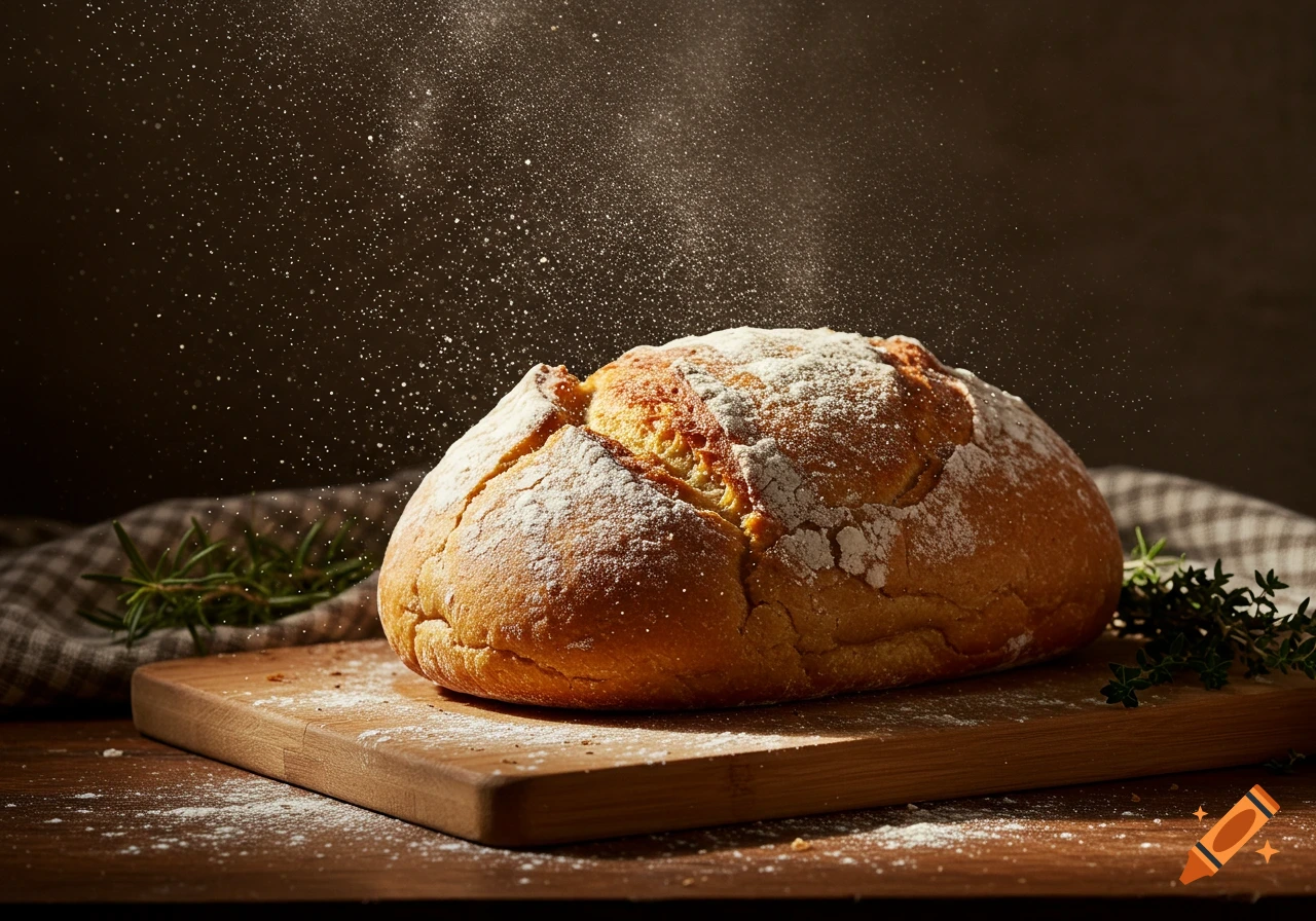 A rustic loaf of bread dusted with flour sits on a wooden cutting board with rosemary sprigs, illuminated by a warm light with flour particles in the air, photorealistic.