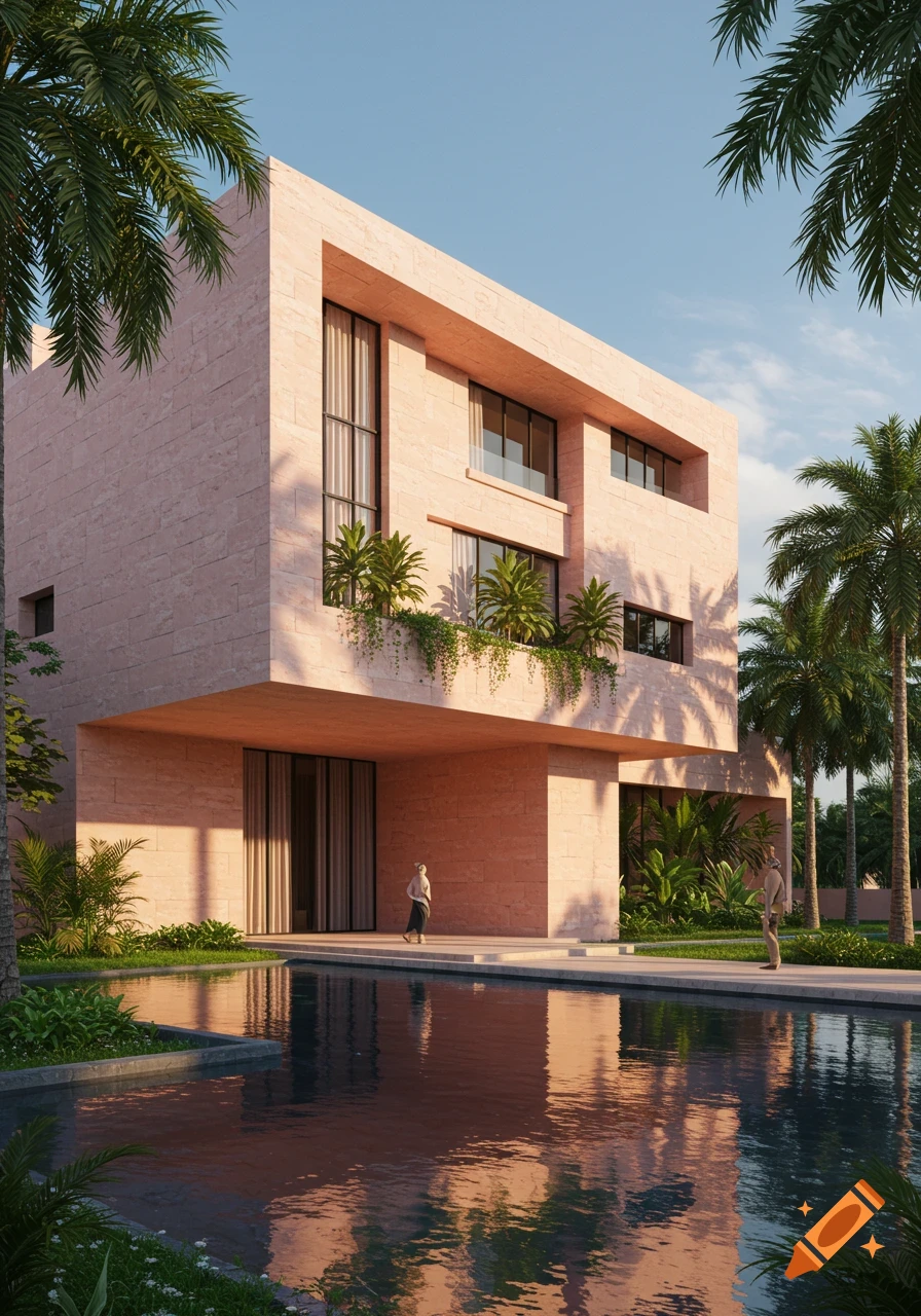 A photorealistic pink limestone modernist building with palm trees and a reflecting pool.