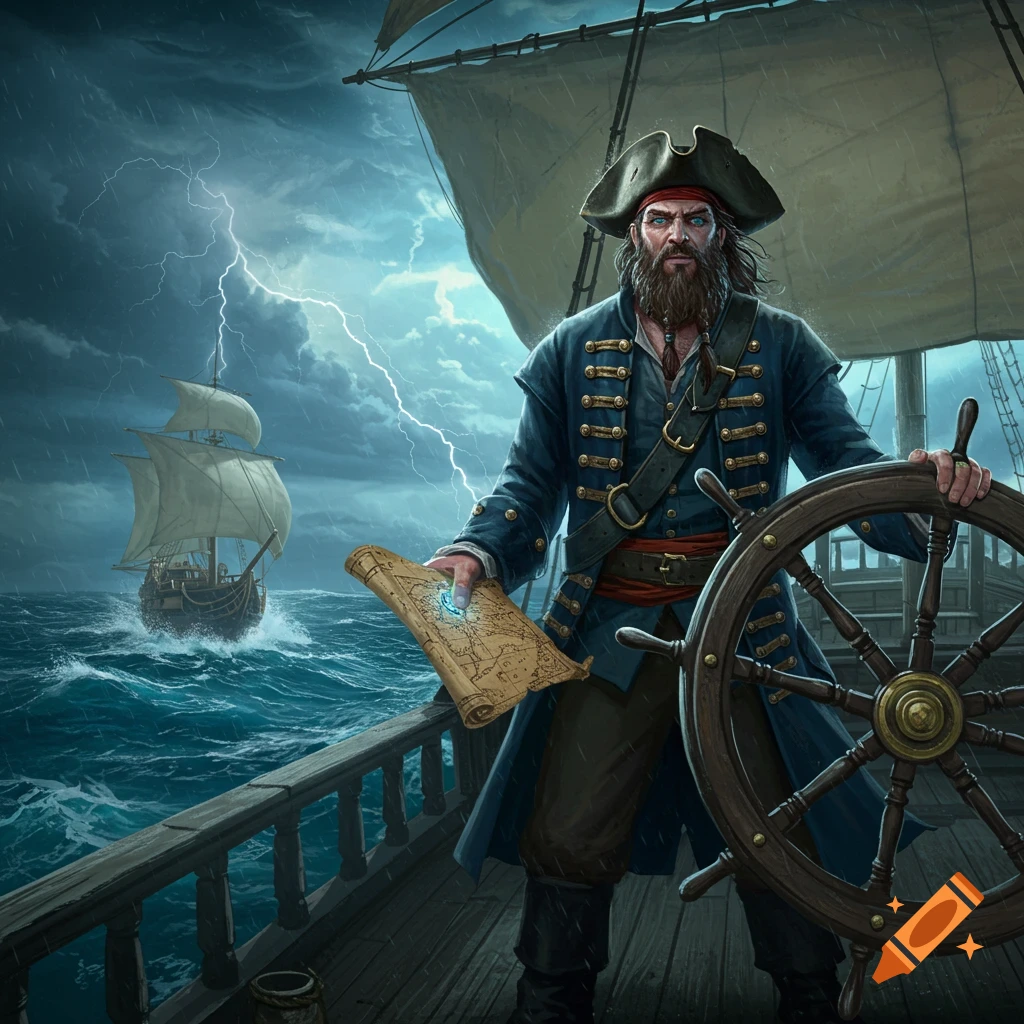 A bearded pirate captain stands at the helm of a ship during a storm, holding a glowing map. Another ship sails in the stormy sea.