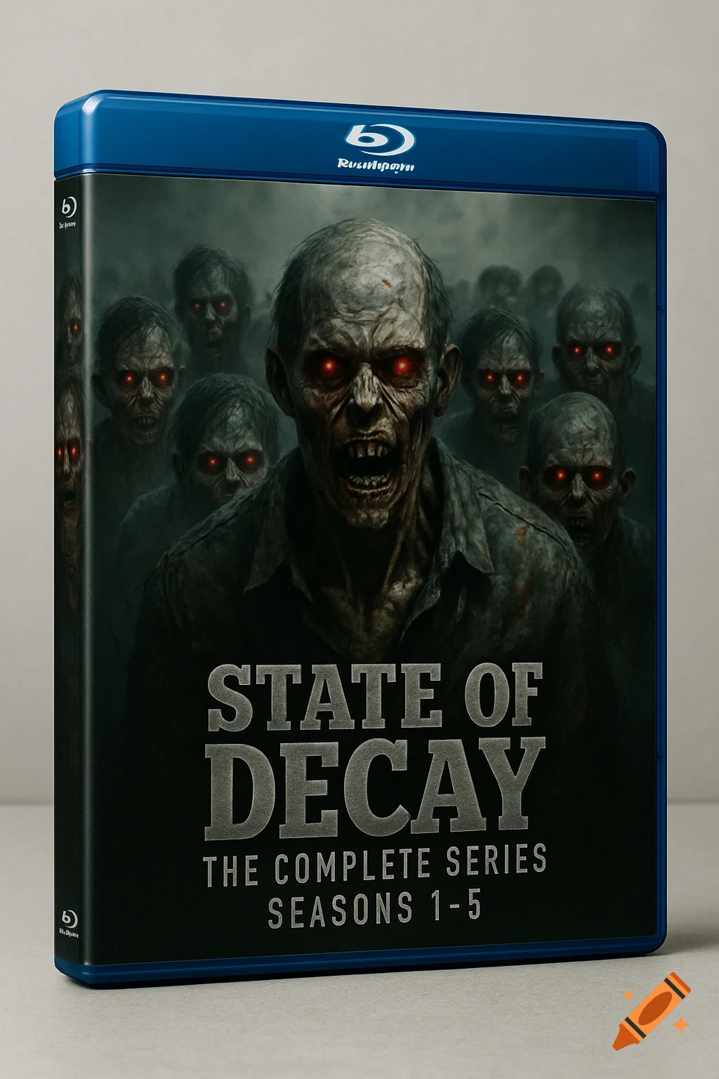 A photorealistic Blu-ray box set features a horde of red-eyed zombies on the cover, titled 'State of Decay: The Complete Series Seasons 1-5'.