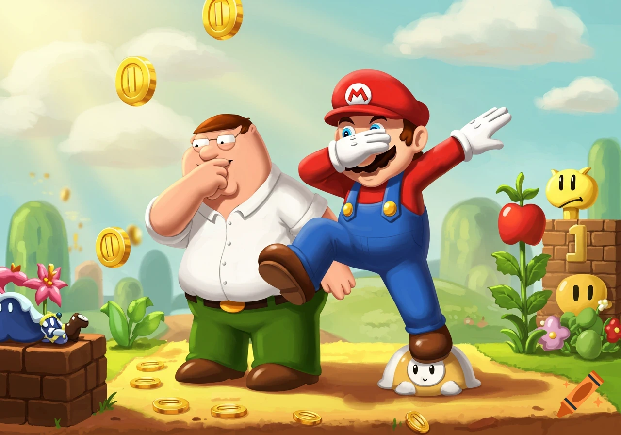 Cartoon Mario dabbing while standing on a small enemy, next to Peter Griffin, in a vibrant Super Mario themed landscape.