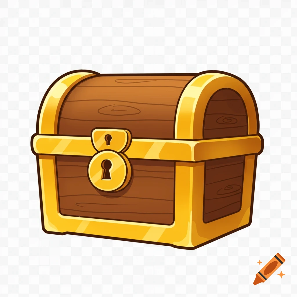 A cartoon closed wooden treasure chest with gold trim and a keyhole, on a transparent background.