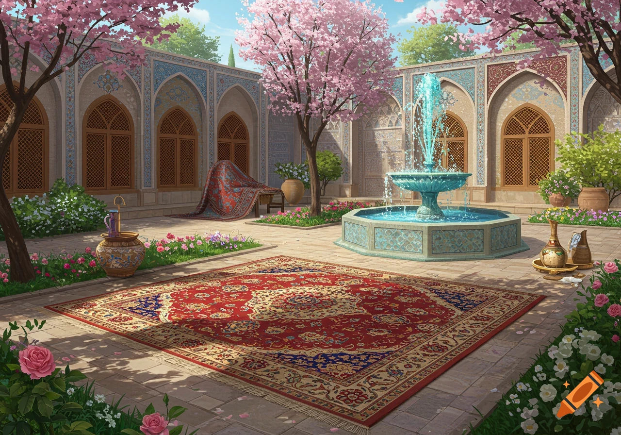 An ornate courtyard with a teal fountain, blooming pink cherry blossom trees, lush greenery, intricate tiled walls, and rich red rugs.