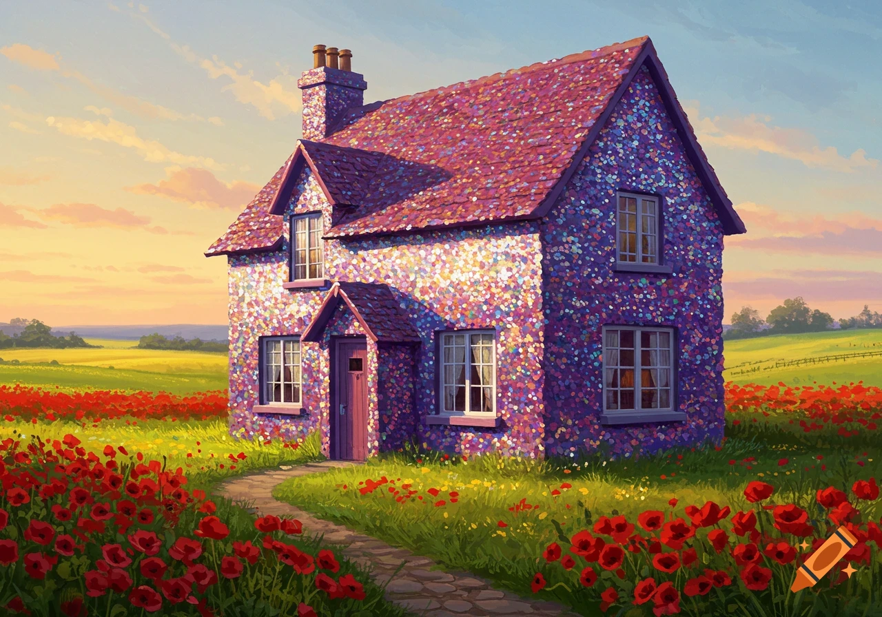 A colorful, sequin-covered cottage with a purple door stands in a field of red poppies under a bright sky. Illustrated style.