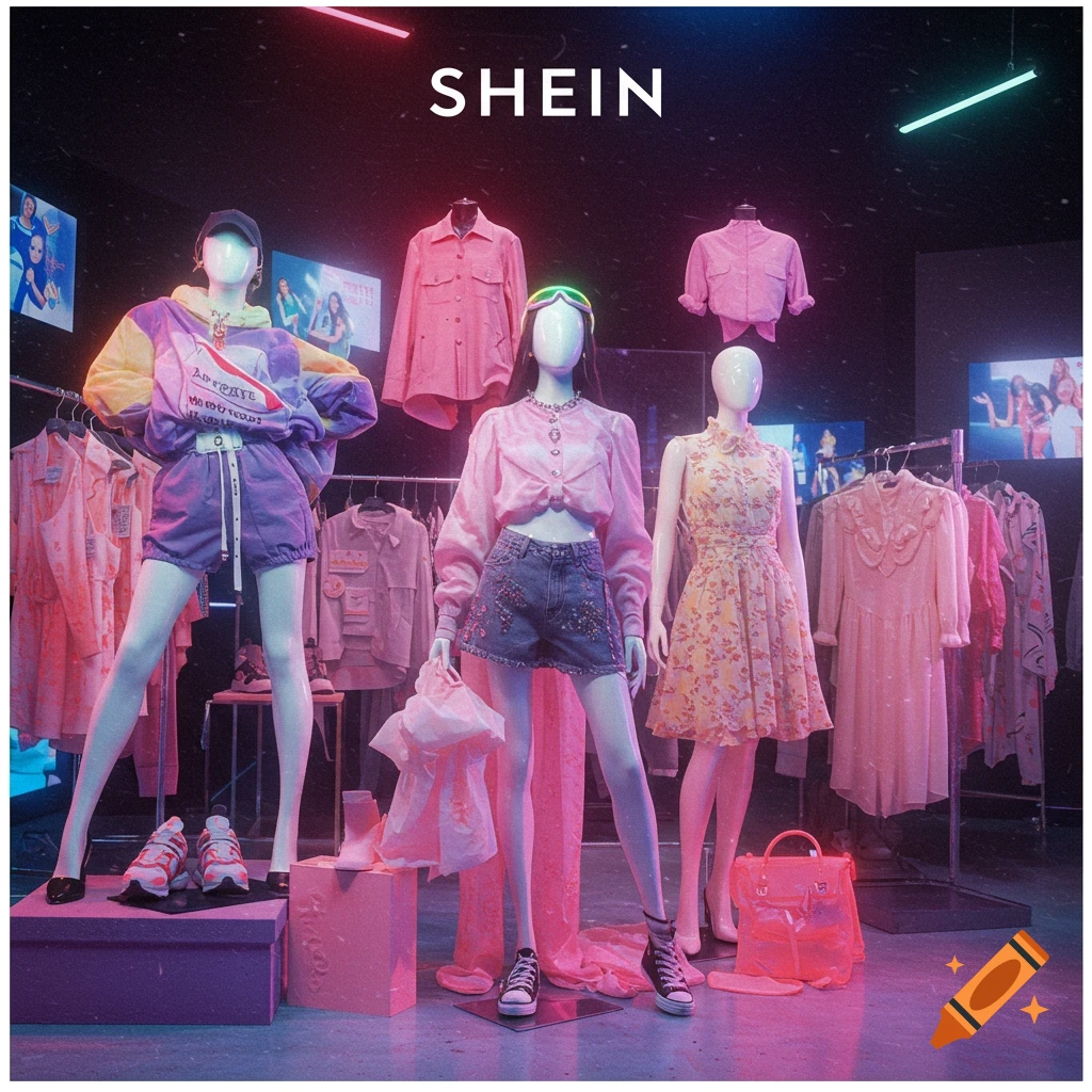 A vibrant Shein store display with three mannequins dressed in trendy pink, purple, and yellow outfits, surrounded by clothes and accessories.
