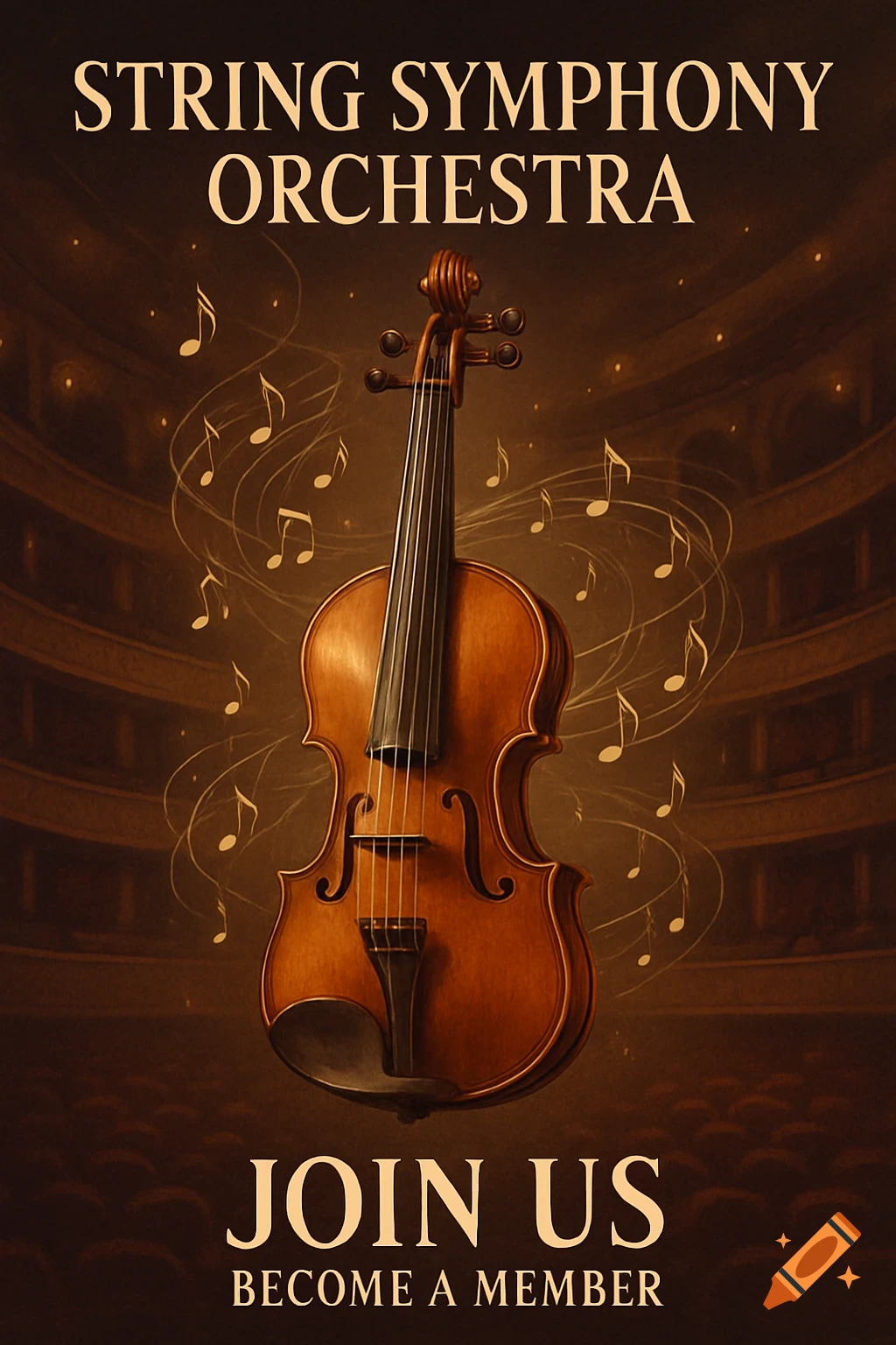 Poster for String Symphony Orchestra with a violin, musical notes, and an auditorium. Text: 'STRING SYMPHONY ORCHESTRA JOIN US BECOME A MEMBER'.