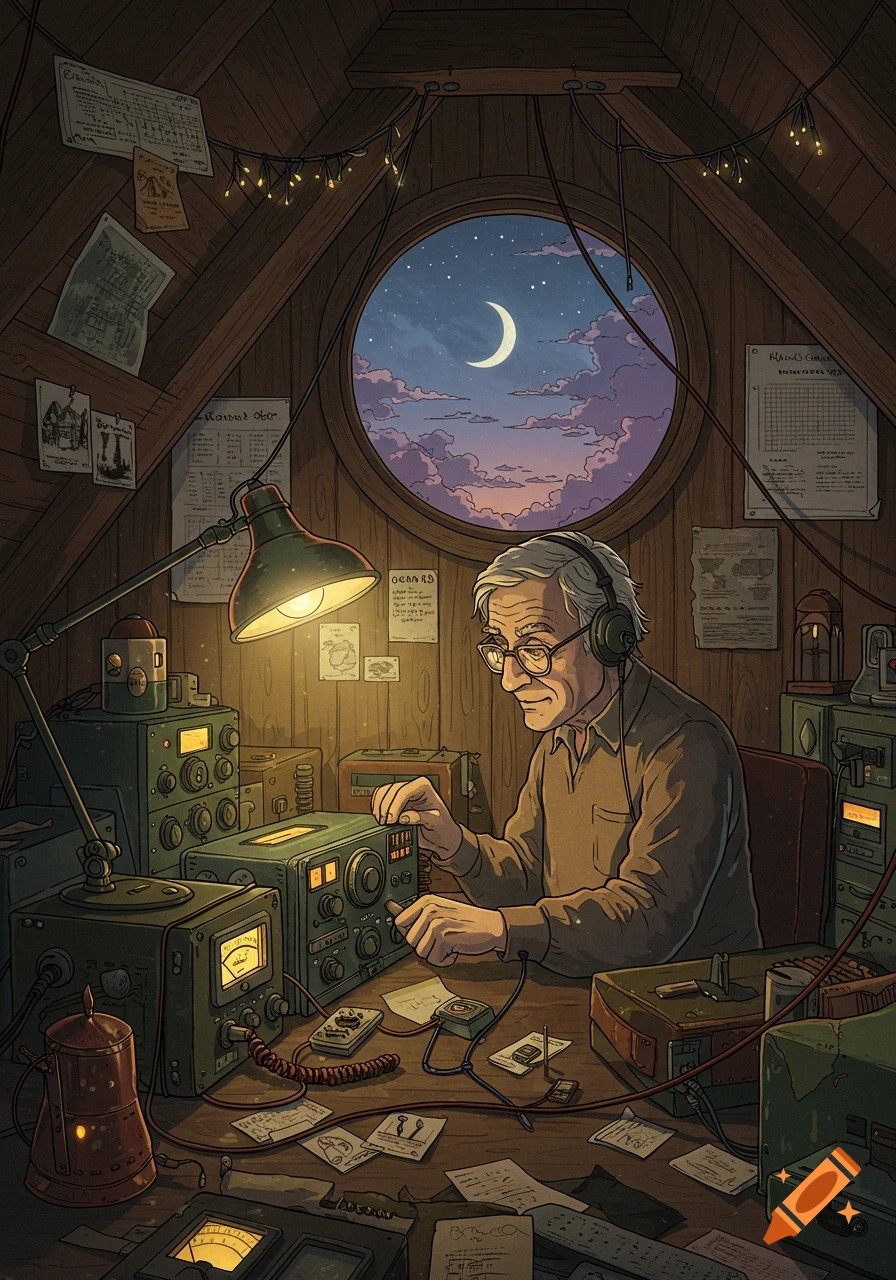 An old man with headphones operates ham radio equipment at a cluttered desk in an attic, with a crescent moon visible through a round window, in an illustrative style.
