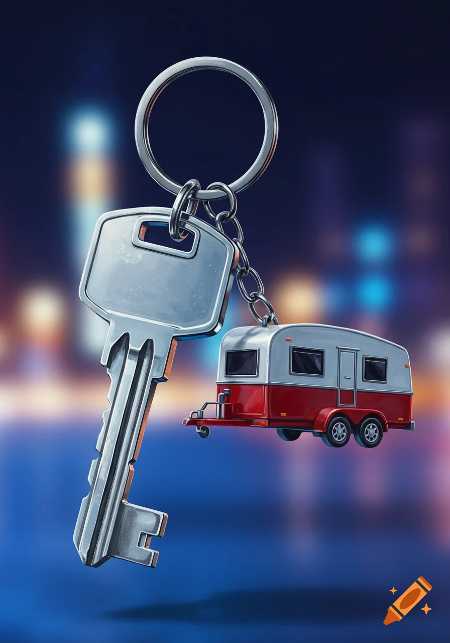 A metallic keychain with a silver key and a red and white mini travel trailer, against a blurry urban night background.