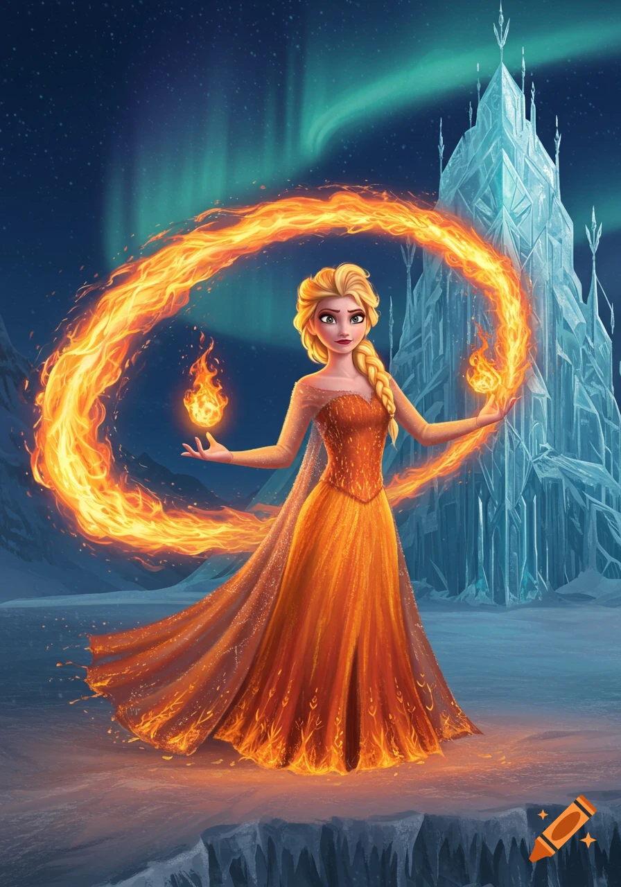 Elsa-like character in an orange gown conjures a ring of fire in a snowy landscape with an ice castle and aurora.