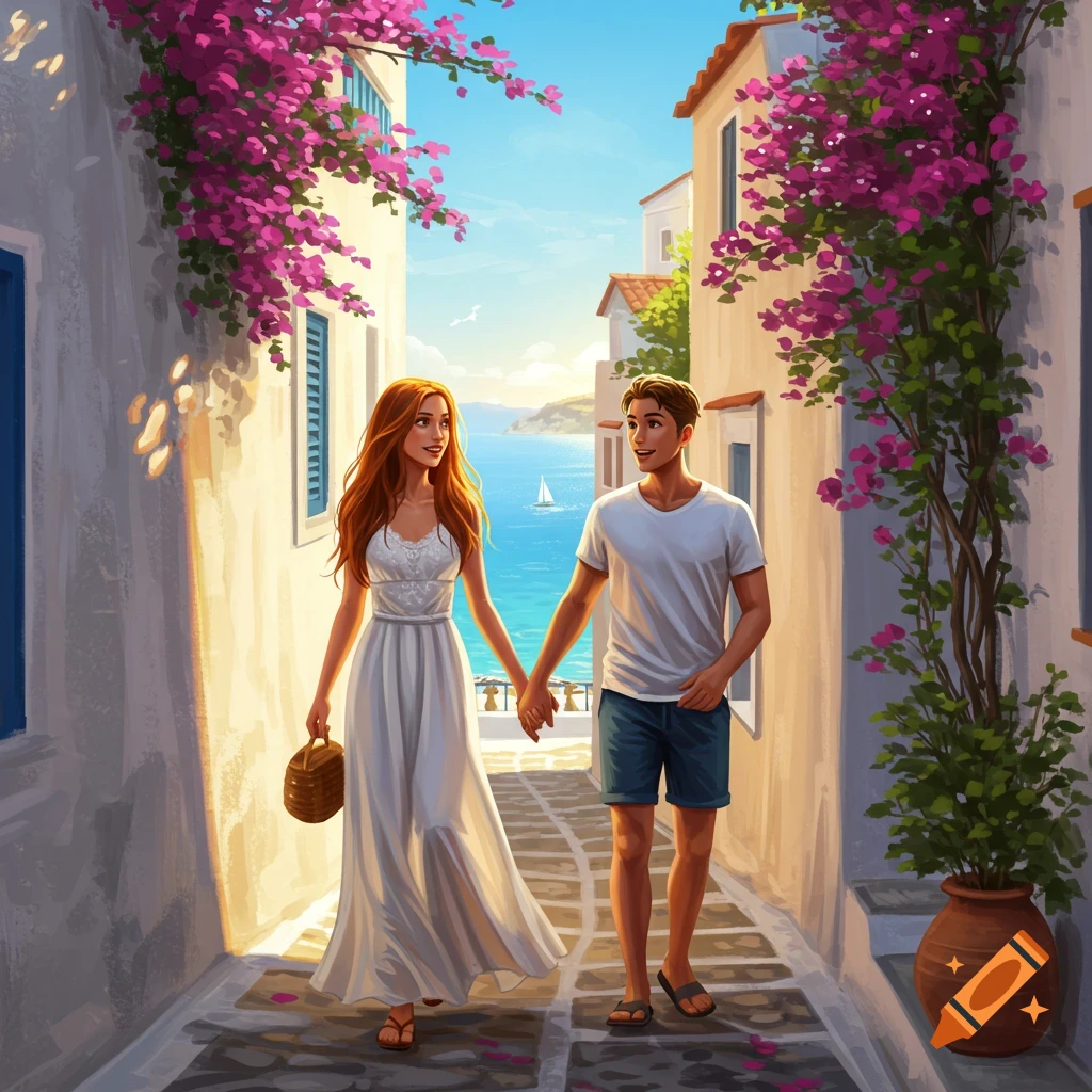 A couple walks hand-in-hand down a sunlit street in a Mediterranean village, surrounded by white buildings and pink flowers.