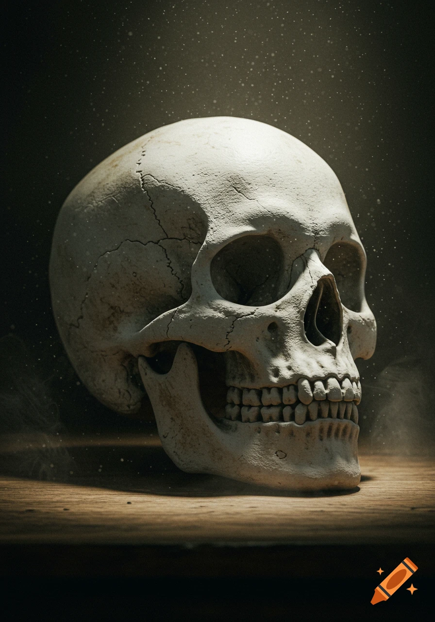 Photorealistic dirty white human skull with slight cracks, mouth ajar, on a wooden surface in a dark, dusty setting.