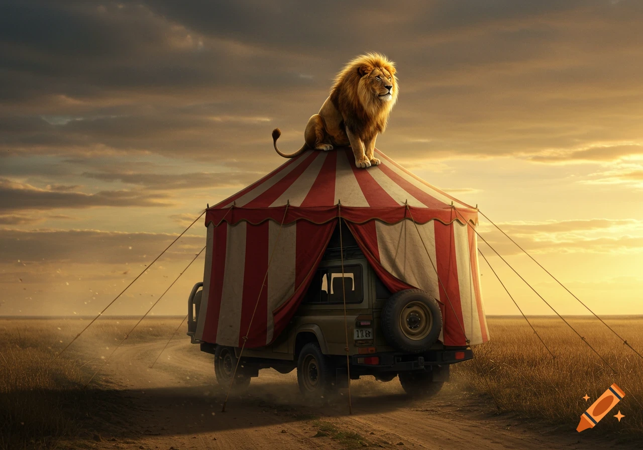 A majestic lion sits atop a striped circus tent mounted on a military-style vehicle driving through a dusty savanna at sunset.