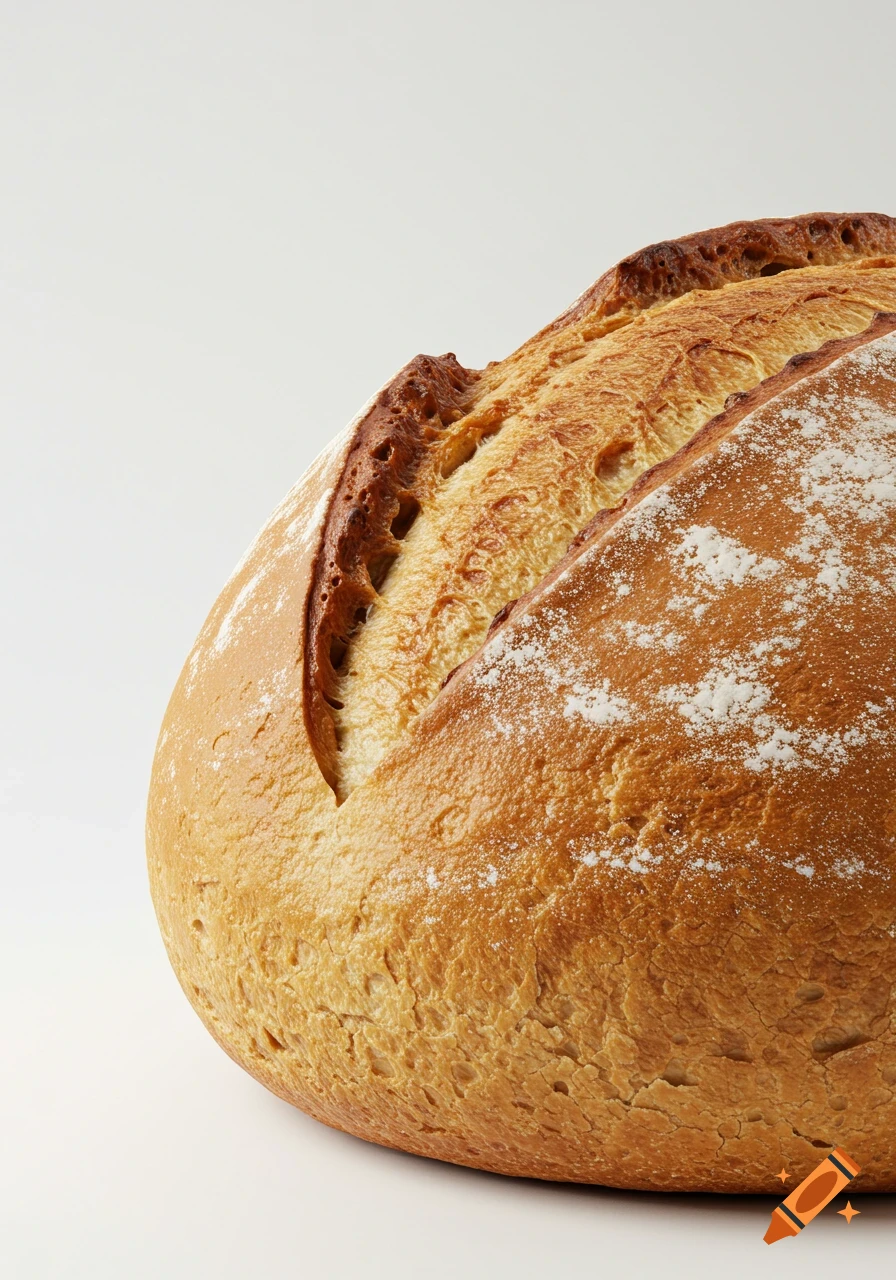 Close-up of a rustic loaf of bread dusted with flour on a white background, photorealistic.