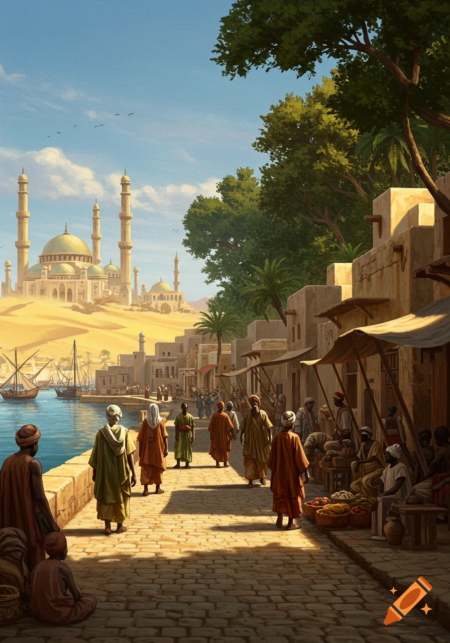 A detailed painting of a bustling market street in a desert city, with people, boats in a harbor, and a grand mosque on a distant hill.