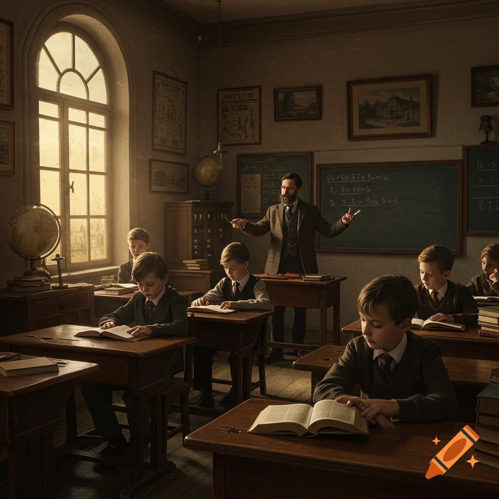 A bearded male teacher stands by a blackboard, lecturing to several young boys seated at wooden desks in a vintage classroom with a large arched window.