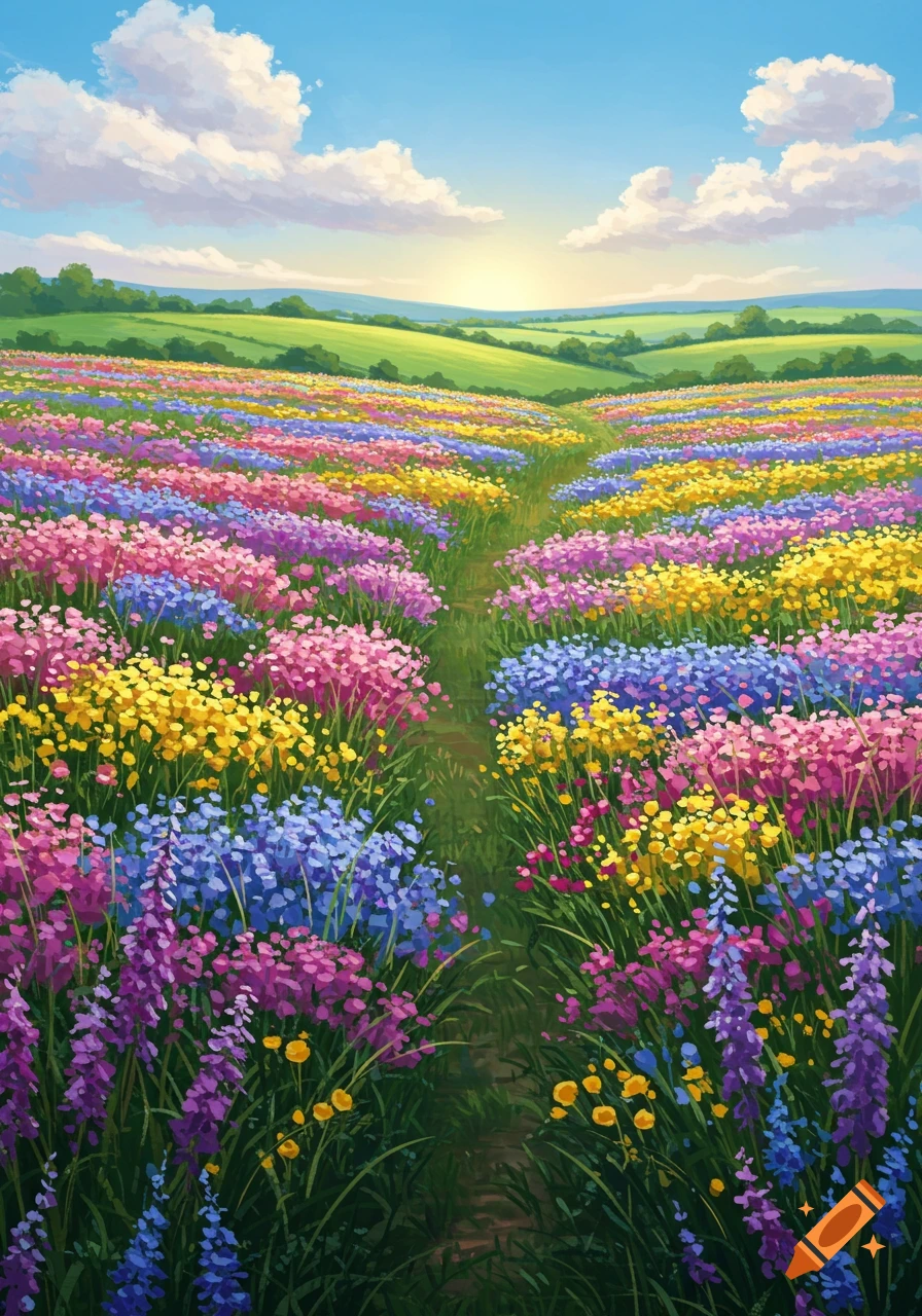 A colorful flower field with a winding path through rolling green hills under a sunny blue sky.