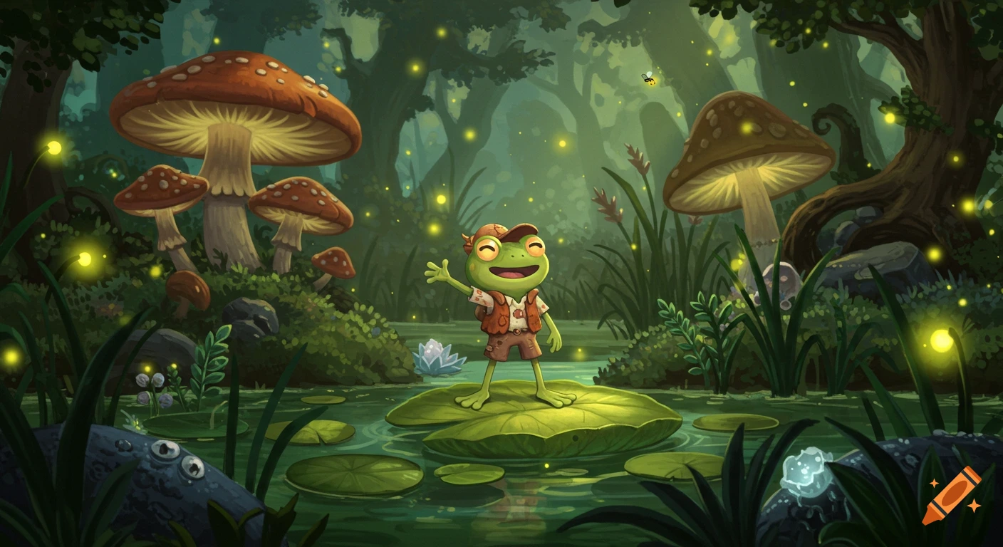 A cartoon frog adventurer stands on a lily pad in a glowing fantasy forest with mushrooms and fireflies, waving.