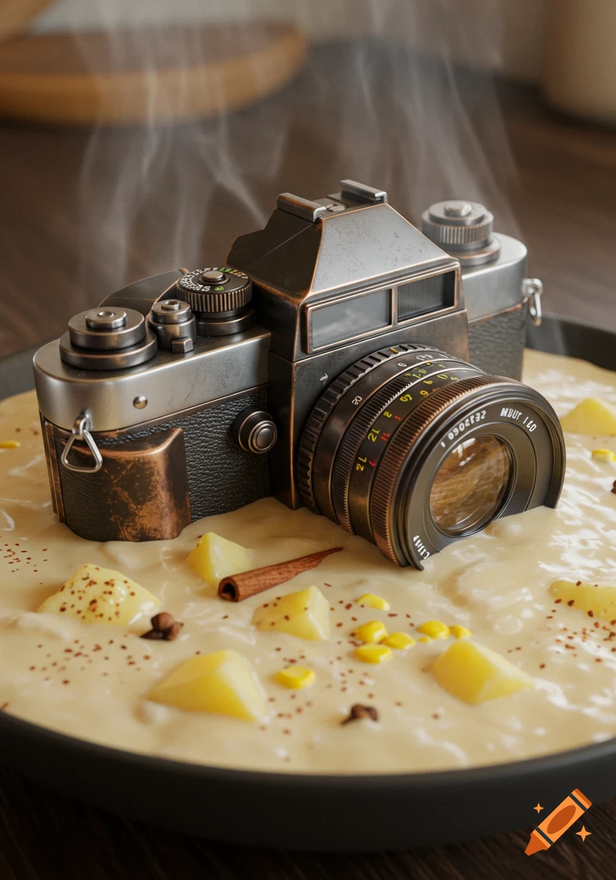 A vintage camera submerged in a bowl of creamy chowder with potato chunks, corn, cinnamon, and spices, emitting steam. Photorealistic still life.