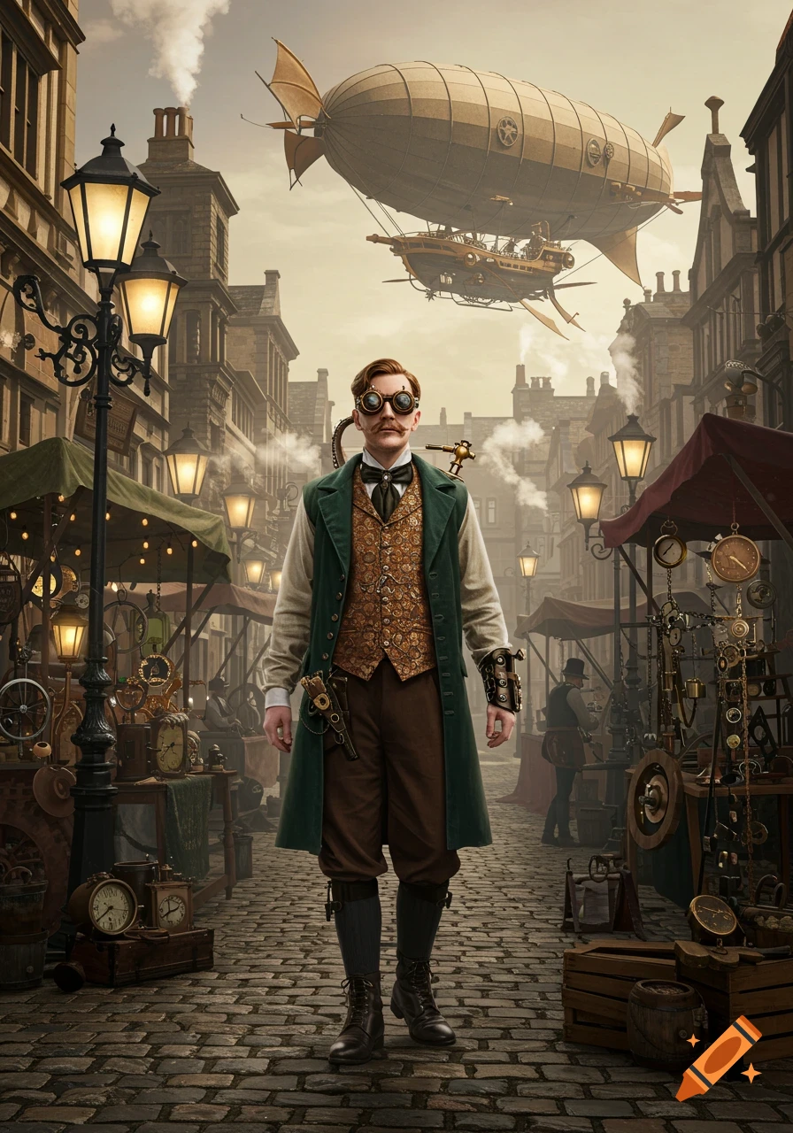 A man in steampunk attire stands on a cobblestone street in a bustling city with an airship flying overhead. Photorealistic.