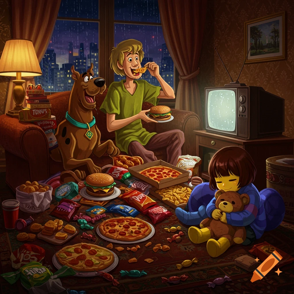 Shaggy, Scooby-Doo, and Frisk from Undertale are having a junk food feast indoors, with pizzas, burgers, and snacks covering the floor. It's raining outside a window, and Frisk hugs a teddy bear while an old TV shows static.