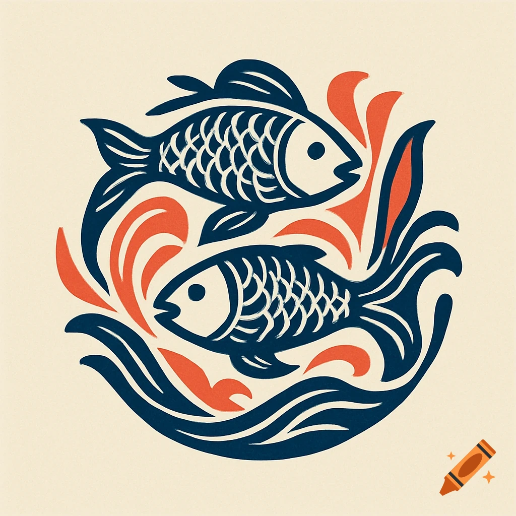 Two stylized blue fish with orange wave accents in a circular graphic illustration on a cream background.