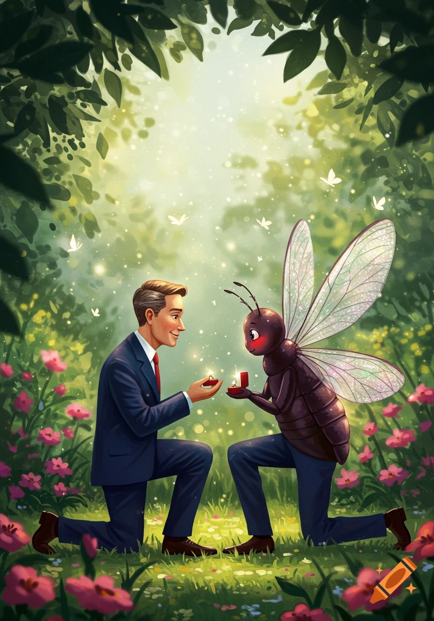 A man in a suit kneels in a whimsical, glowing forest, proposing to a blushing, winged insect who is also holding a ring box.