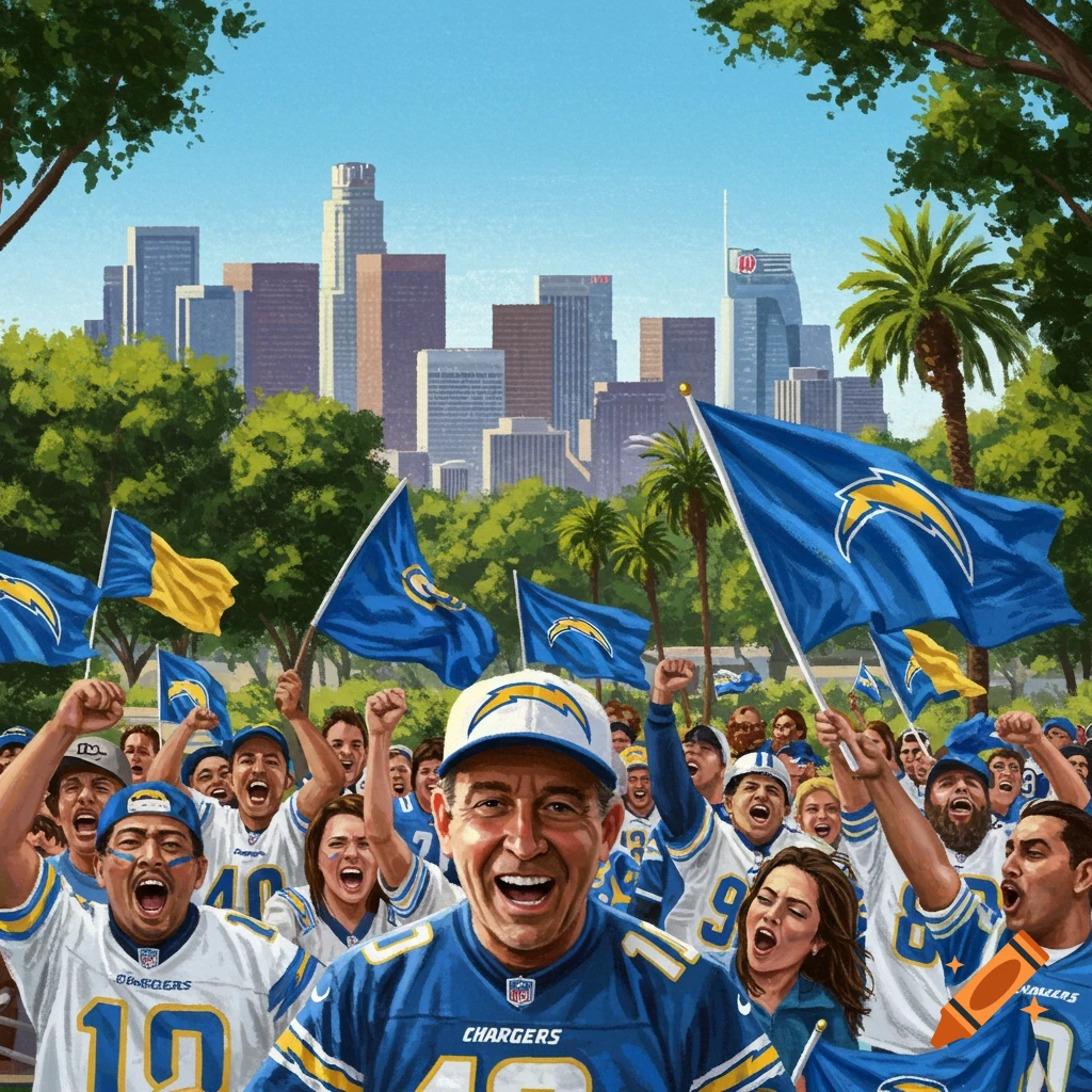 A jubilant crowd of Los Angeles Chargers fans waves flags and cheers with a cityscape in the background, in a vibrant illustration.