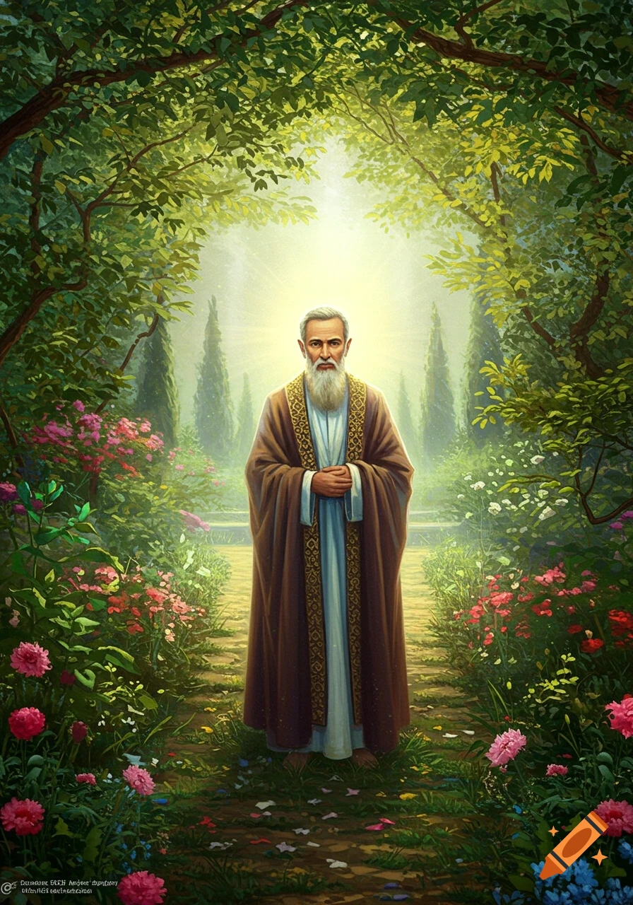 An illustrated portrait of a bearded man in a brown robe standing in a lush, blooming garden with a bright light overhead.