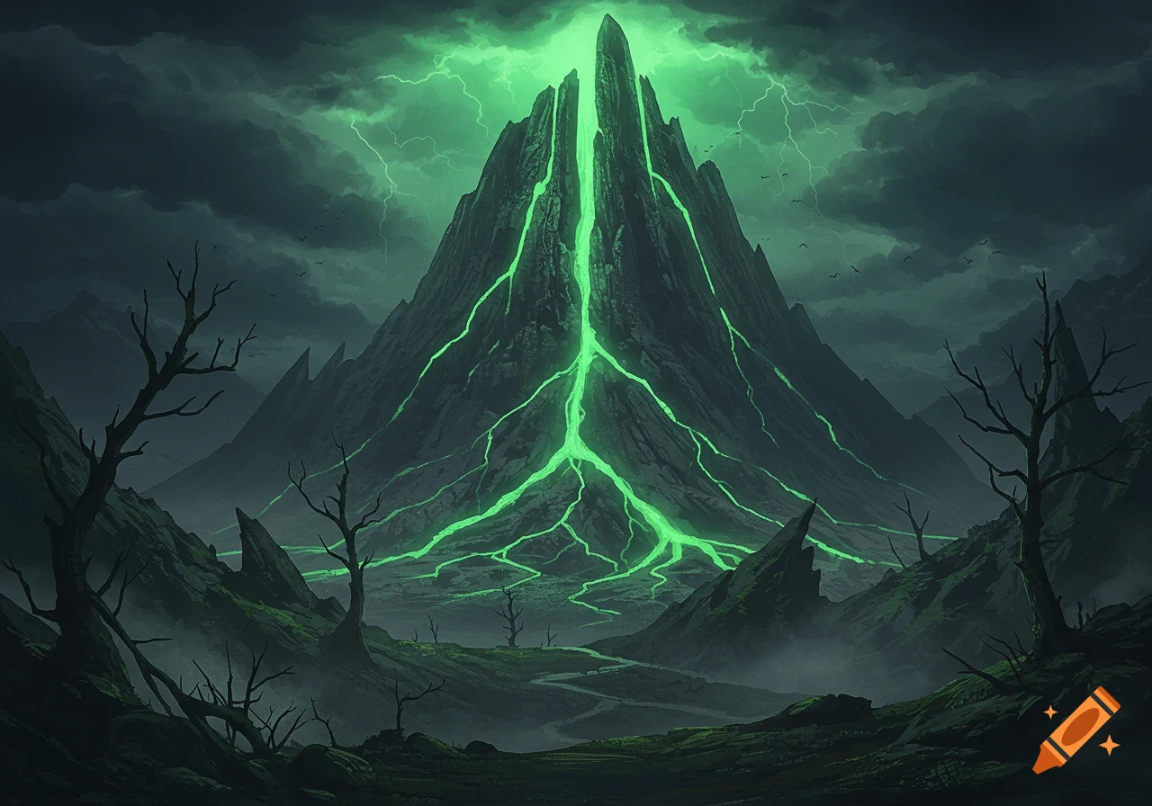 A dark fantasy landscape with a jagged mountain glowing with green energy and lightning striking under a stormy sky.