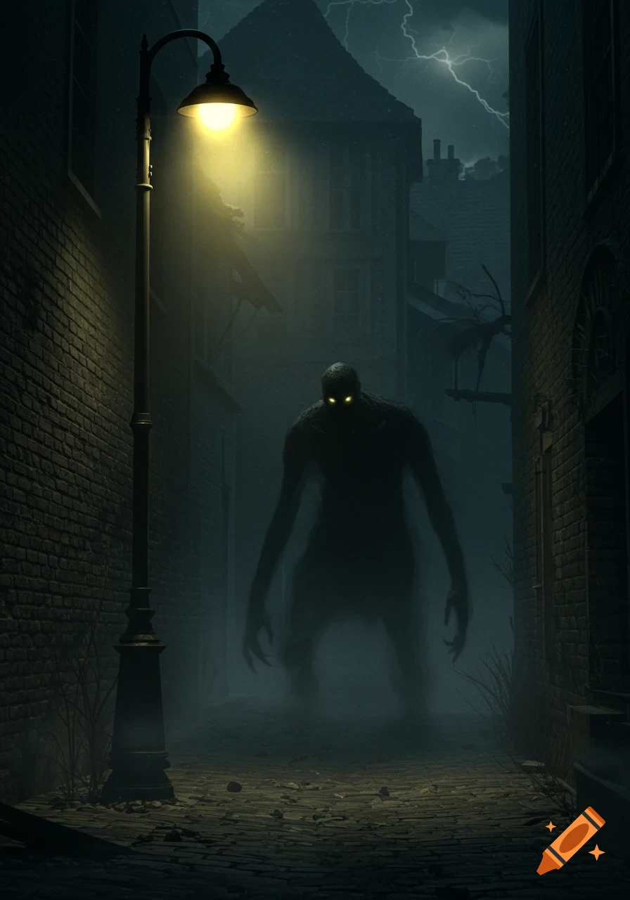 A shadowy monster with glowing yellow eyes lurks in a foggy, dark alley at night, lit by a streetlamp with lightning in the sky.