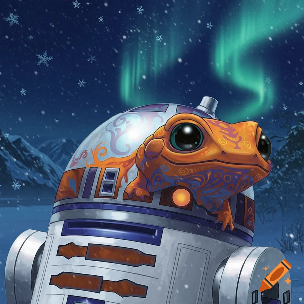 A whimsical R2-D2 droid with an orange patterned frog-like creature on its head in a snowy landscape with aurora and snowflakes.
