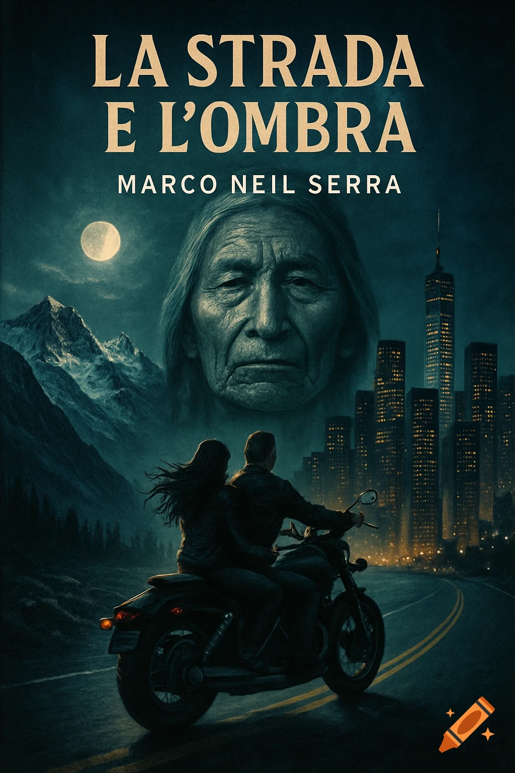 A moody book cover featuring a couple on a motorcycle, an old man's face, mountains, and a city skyline at night with text 'LA STRADA E L'OMBRA'.