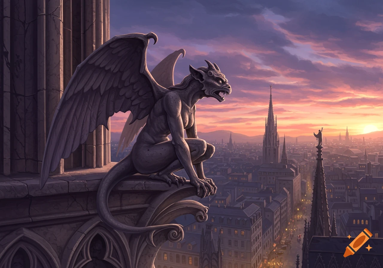 A stone gargoyle on a gothic building overlooks a city at sunset, with a dramatic purple and orange sky.