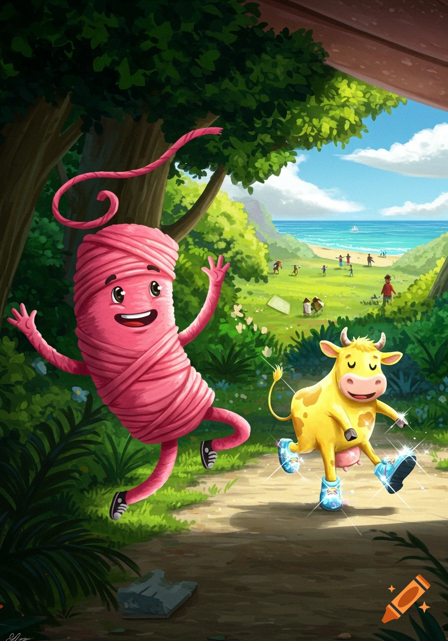 A happy pink yarn character and a yellow cow in sparkly shoes run on a path through a lush forest, with a sunny beach and ocean in the background.
