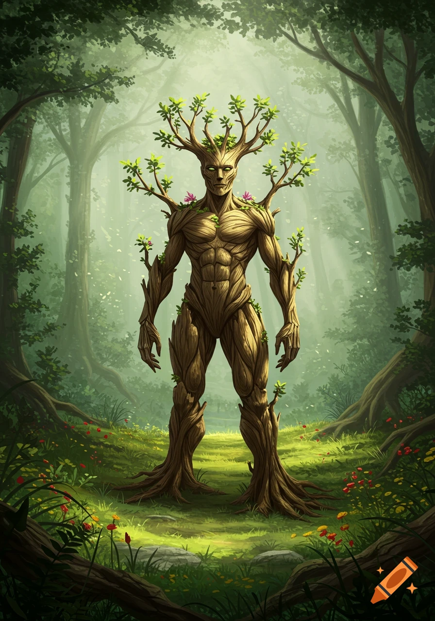 A humanoid tree creature with branches and leaves for a head and body stands in a lush green forest.