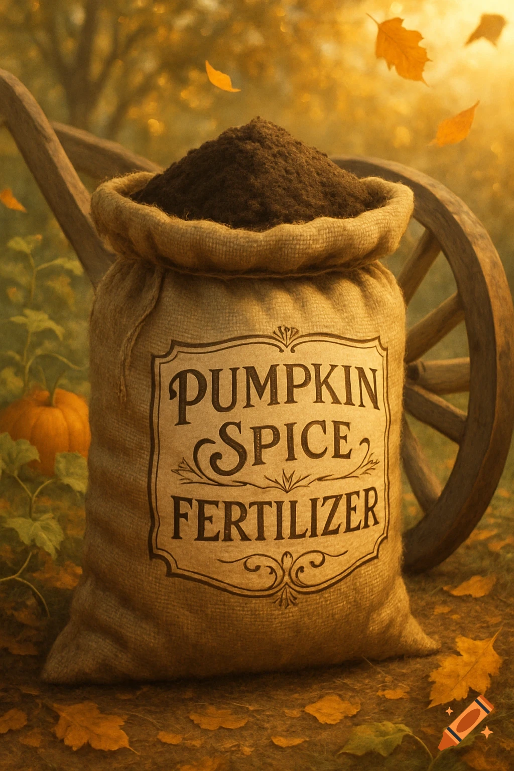 A burlap bag labeled 'PUMPKIN SPICE FERTILIZER' sits in an autumn garden with a pumpkin, wheelbarrow, and falling leaves.