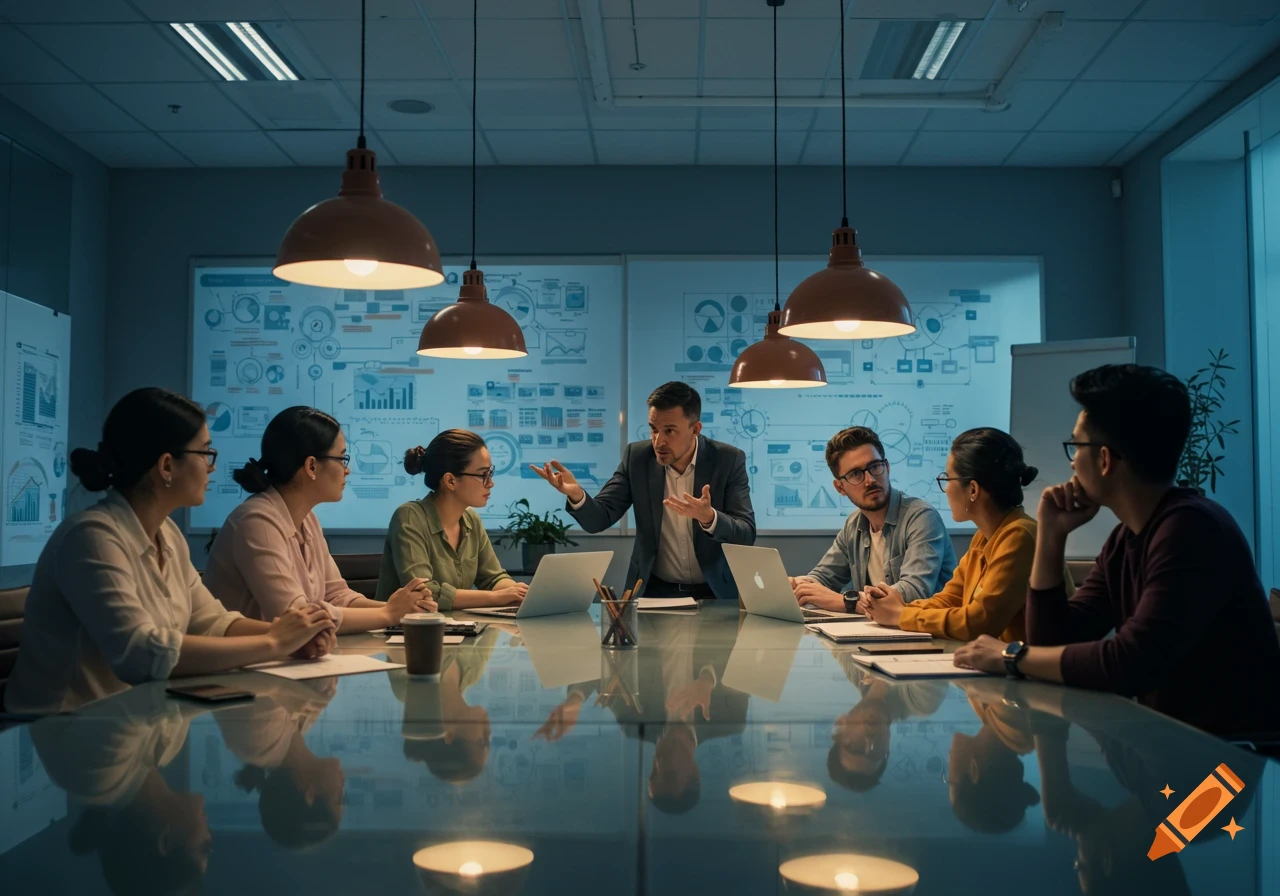 Diverse professionals discuss in a dim, modern conference room with glowing diagrams and reflections on a glass table.