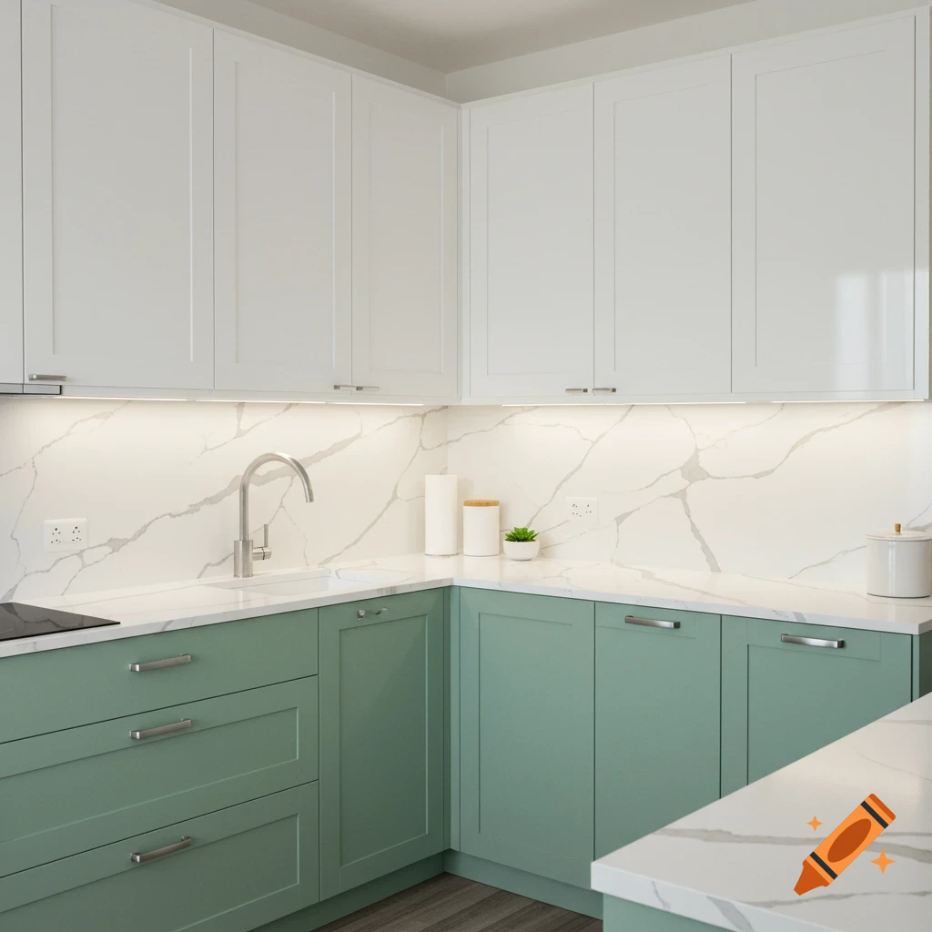 A modern kitchen with white upper cabinets, light green lower cabinets, and white marble countertops and backsplash.